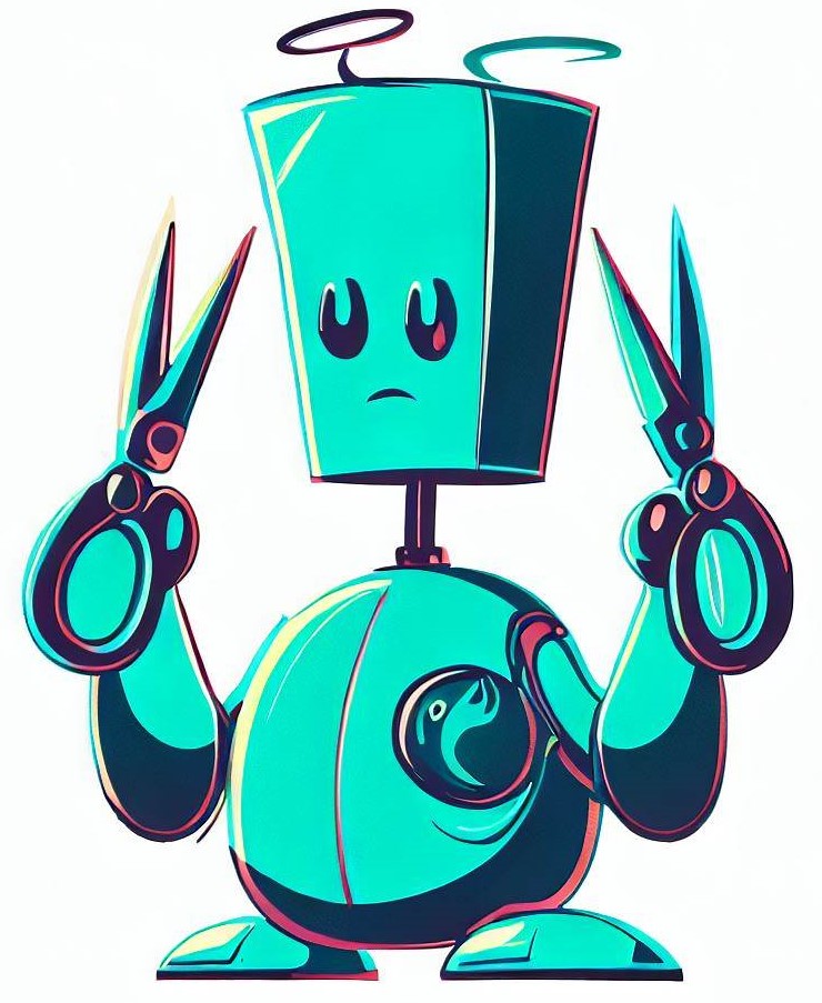a sad robot with scissors for hands